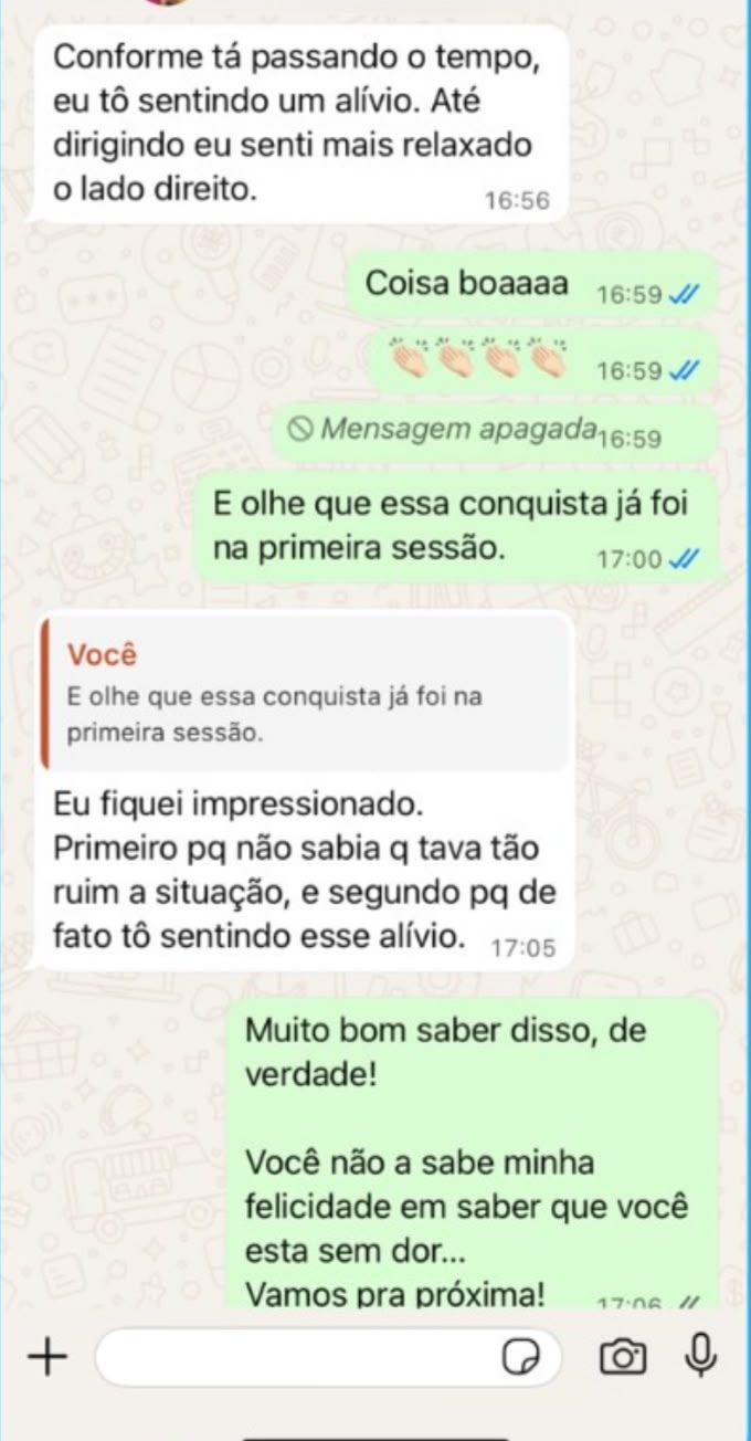 Feedback de paciente sobre alívio percebido já na primeira sessão